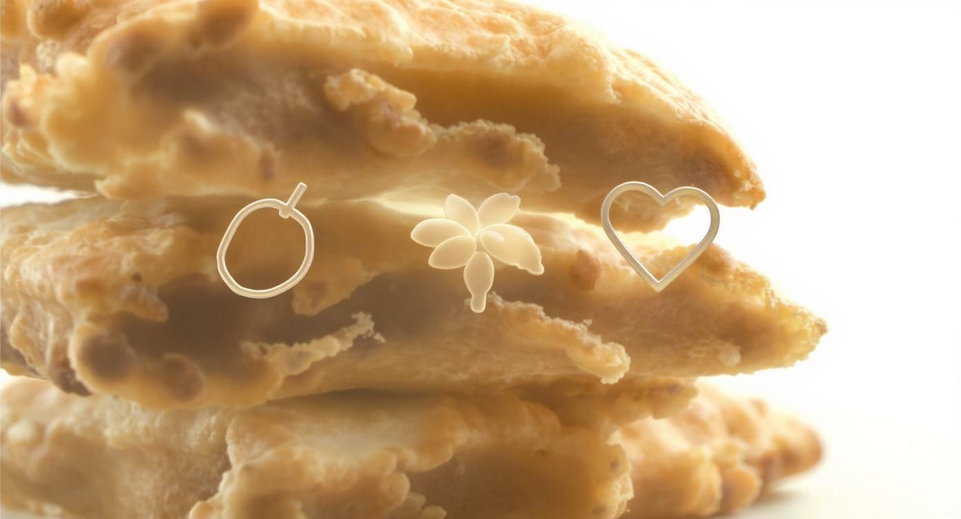 Tre vita former (äpple, blomma, hjärta) framför en stapel gyllene smulpaj.