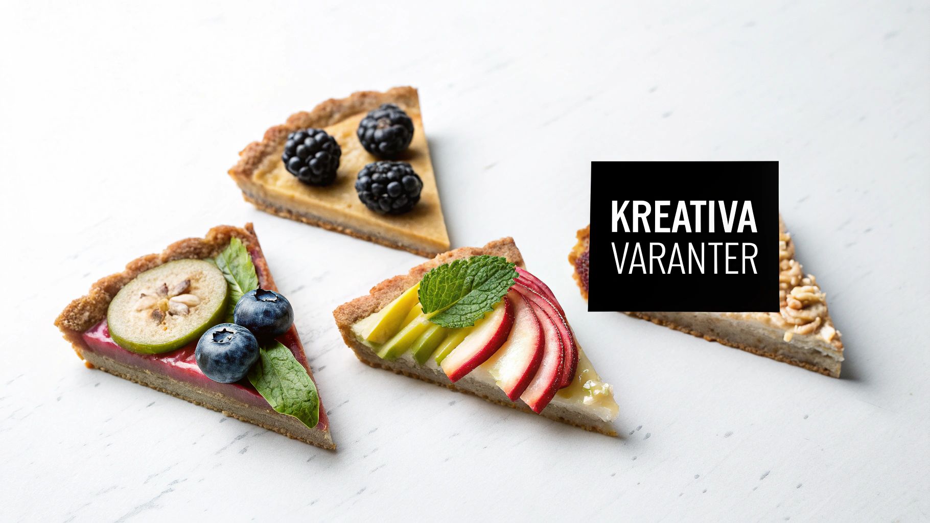 Fyra färgglada smulpajsskivor med olika frukter och bär på en vit bakgrund, med texten 'KREATIVA VARIANTER'.