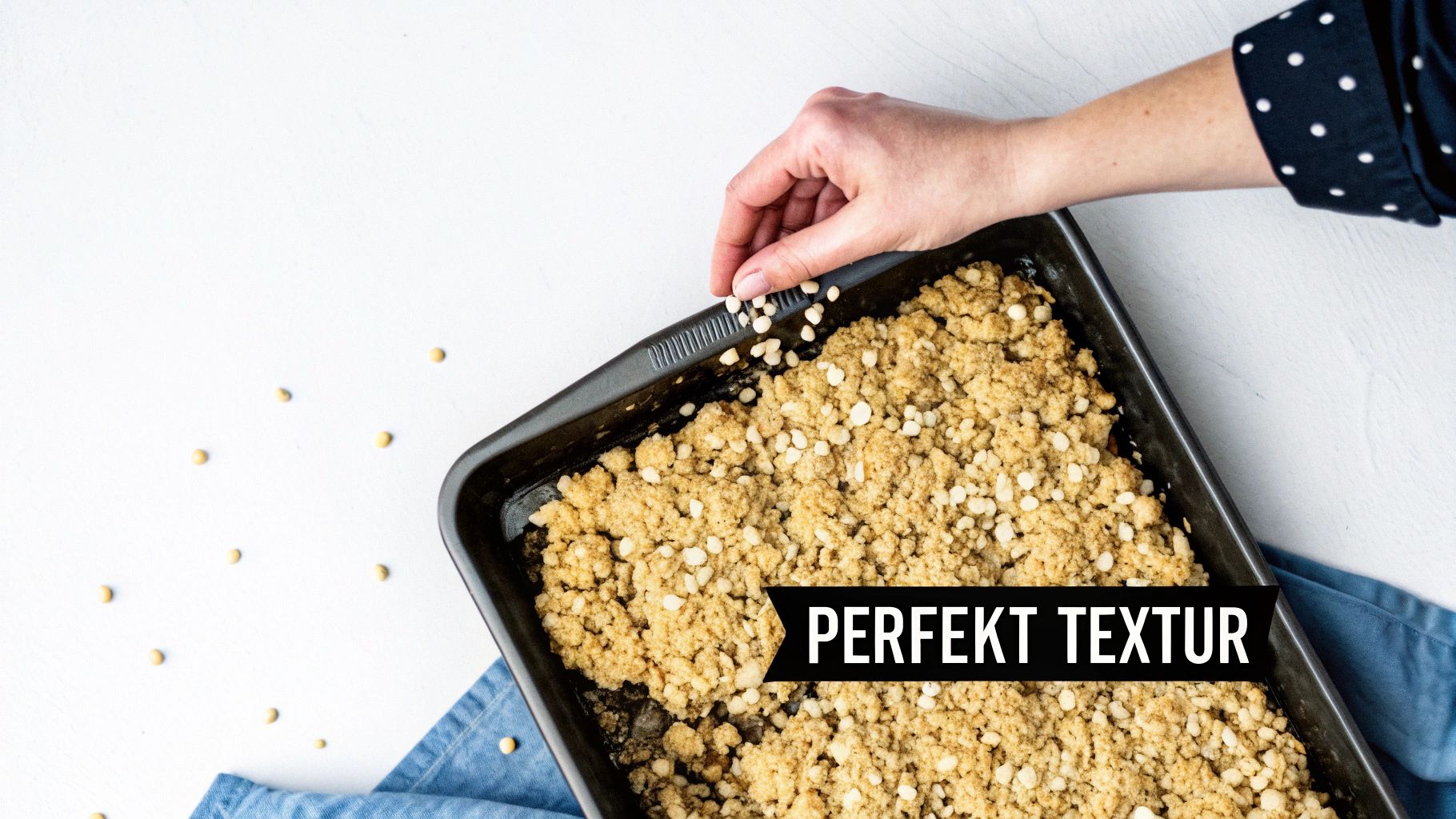 En hand strör vita chokladbitar över en smulpaj med olja i en ugnsform för perfekt textur.