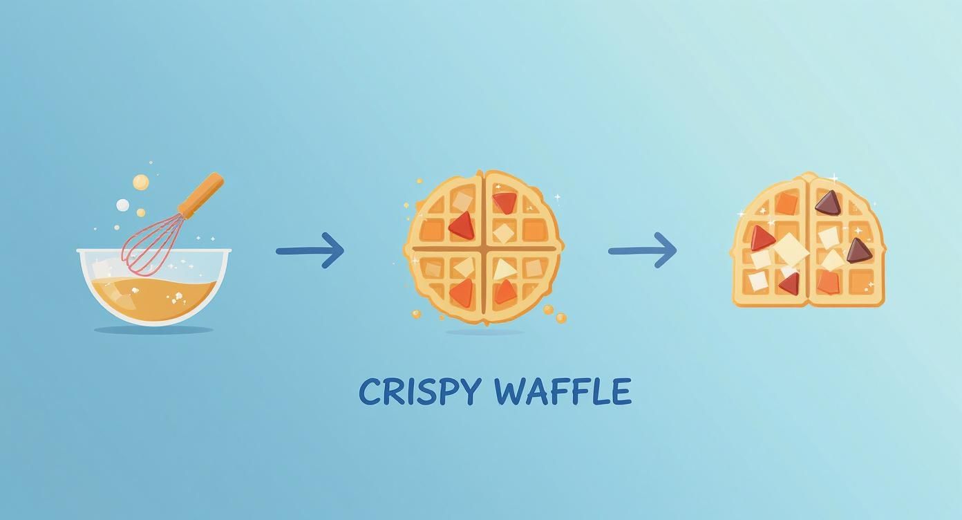 En illustration som visar processen att göra krispiga våfflor, från smet med visp till färdig våffla med pålägg.
