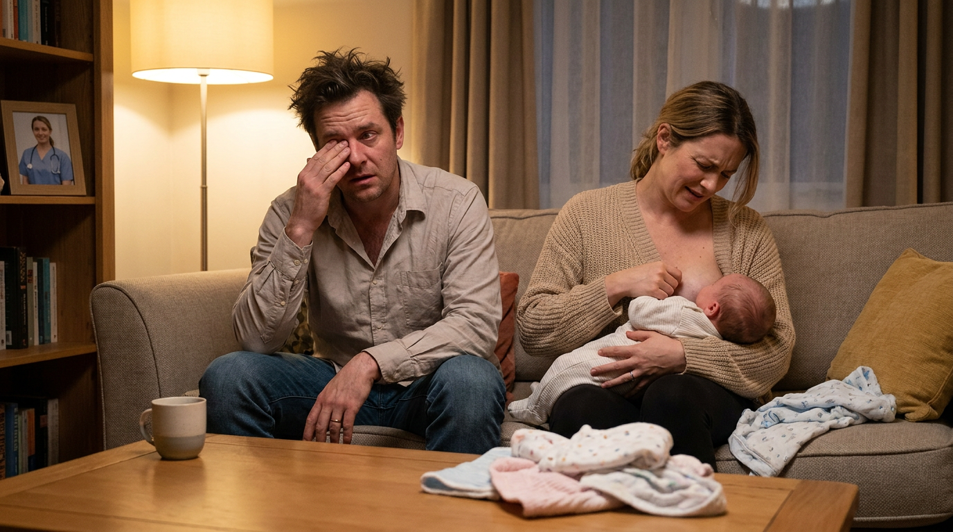 Anthony looks concerned as Caroline attempts to breastfeed their fussy baby, Nicholas, in their living room.
