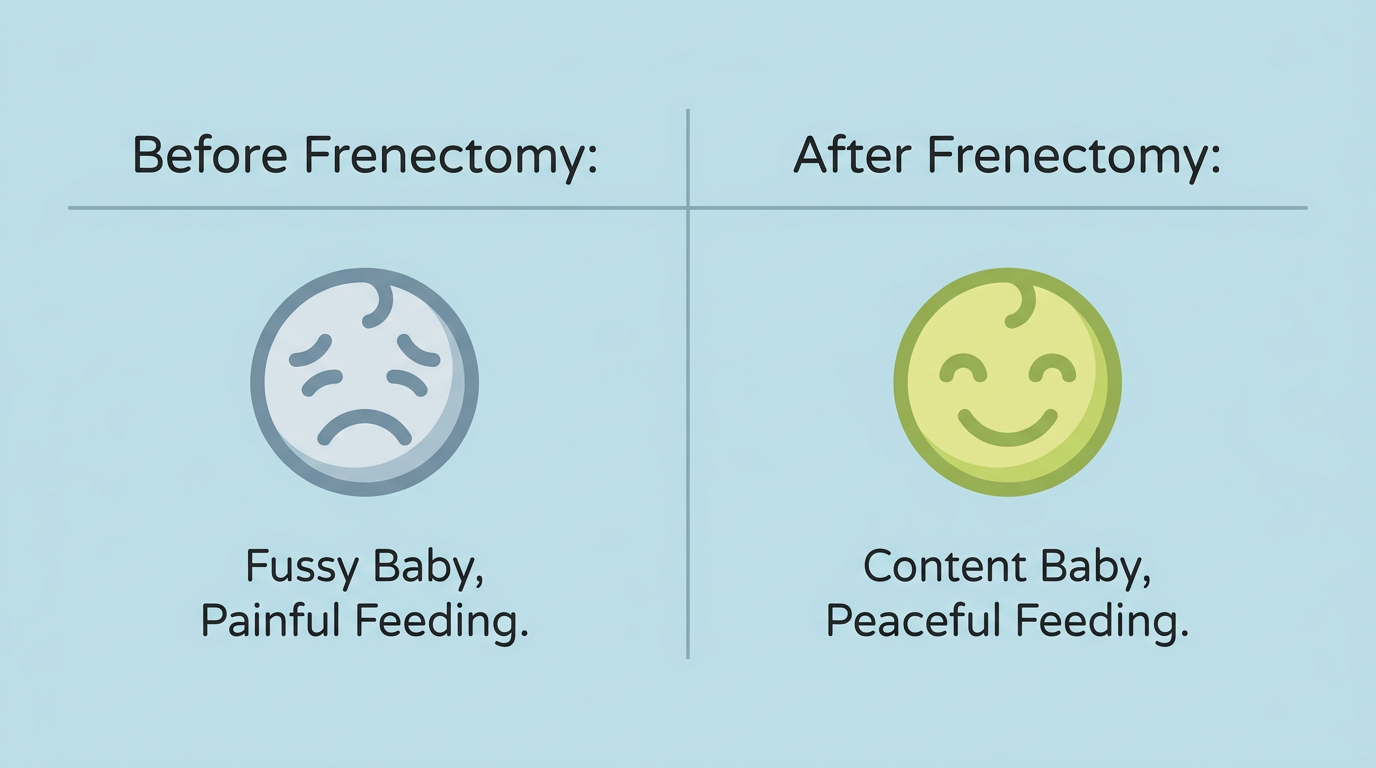 A comparison showing a fussy baby and painful feeding before frenectomy, versus a content baby and peaceful feeding after.