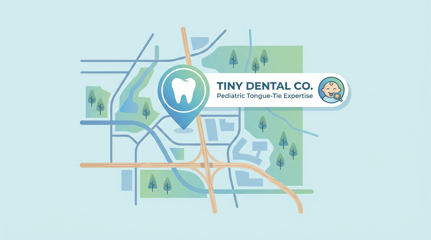 Infographic map of The Woodlands, TX, pinpointing Tiny Dental Co. for pediatric tongue-tie expertise.