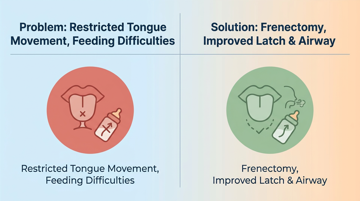 A comparison table showing "Problem: Restricted Tongue Movement" versus "Solution: Frenectomy" with icons.