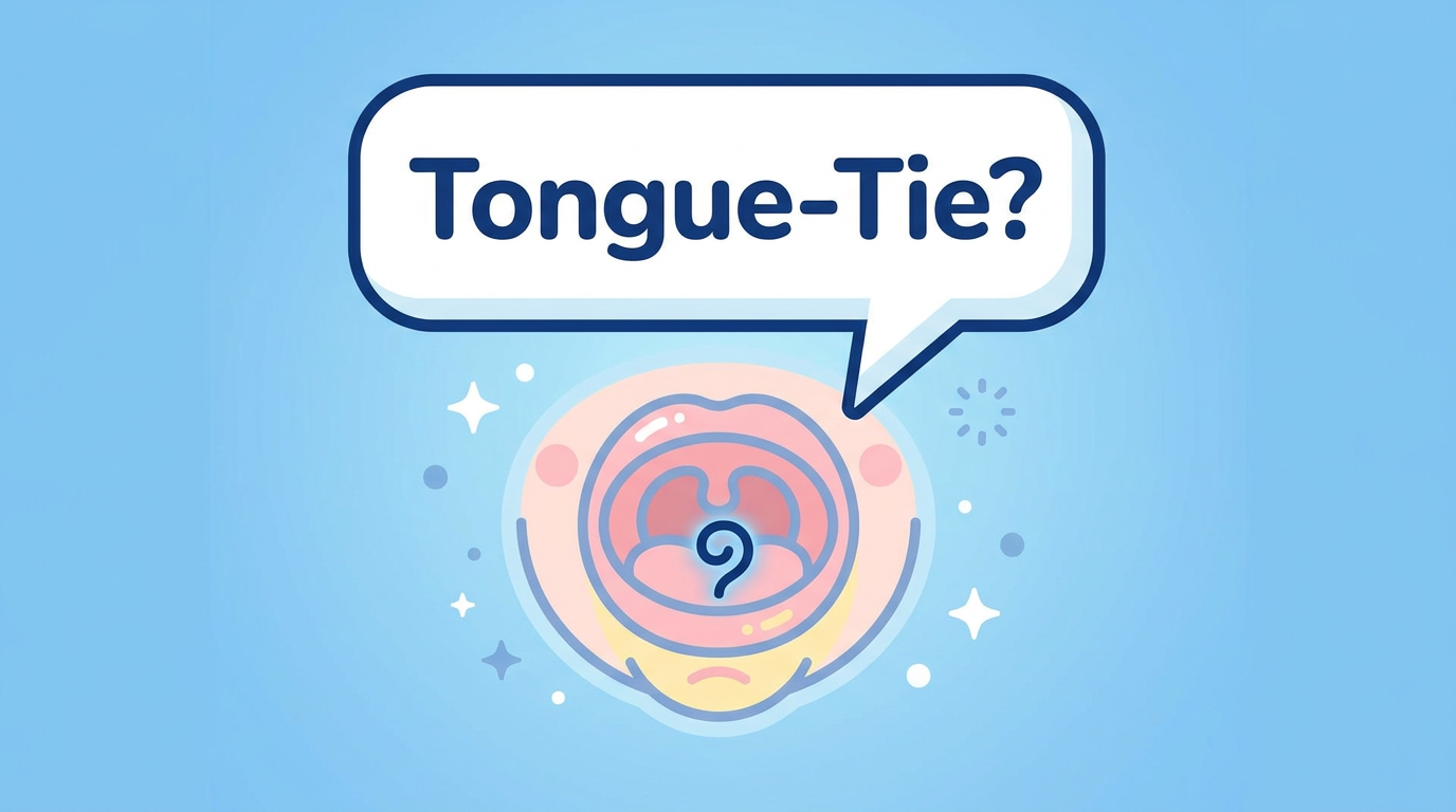 A text bubble with "Tongue-Tie?" floats above an illustration of a baby's mouth, highlighting the frenulum.