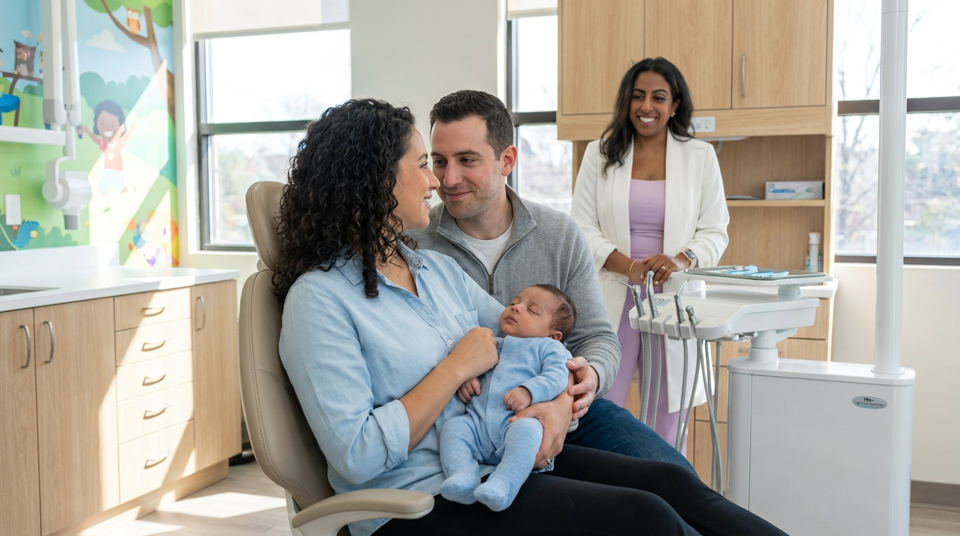Caroline and Anthony calmly cradle baby Nicholas in a bright dental office after his frenectomy, with Dr. Sarah Arafat smiling in the background.