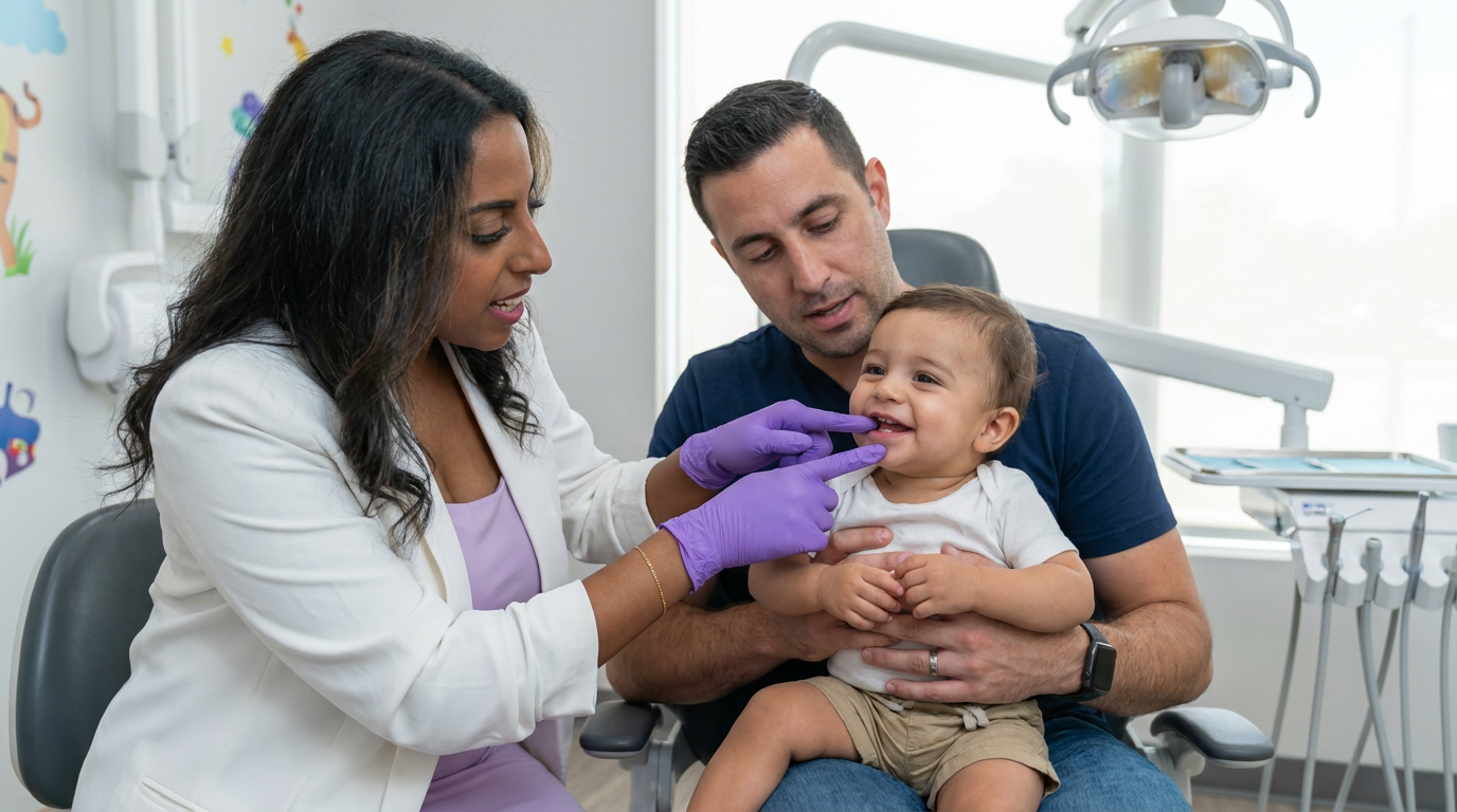 Dr. Sarah Arafat gently examines baby Nicholas's mouth while Anthony watches and listens intently in the clinic.