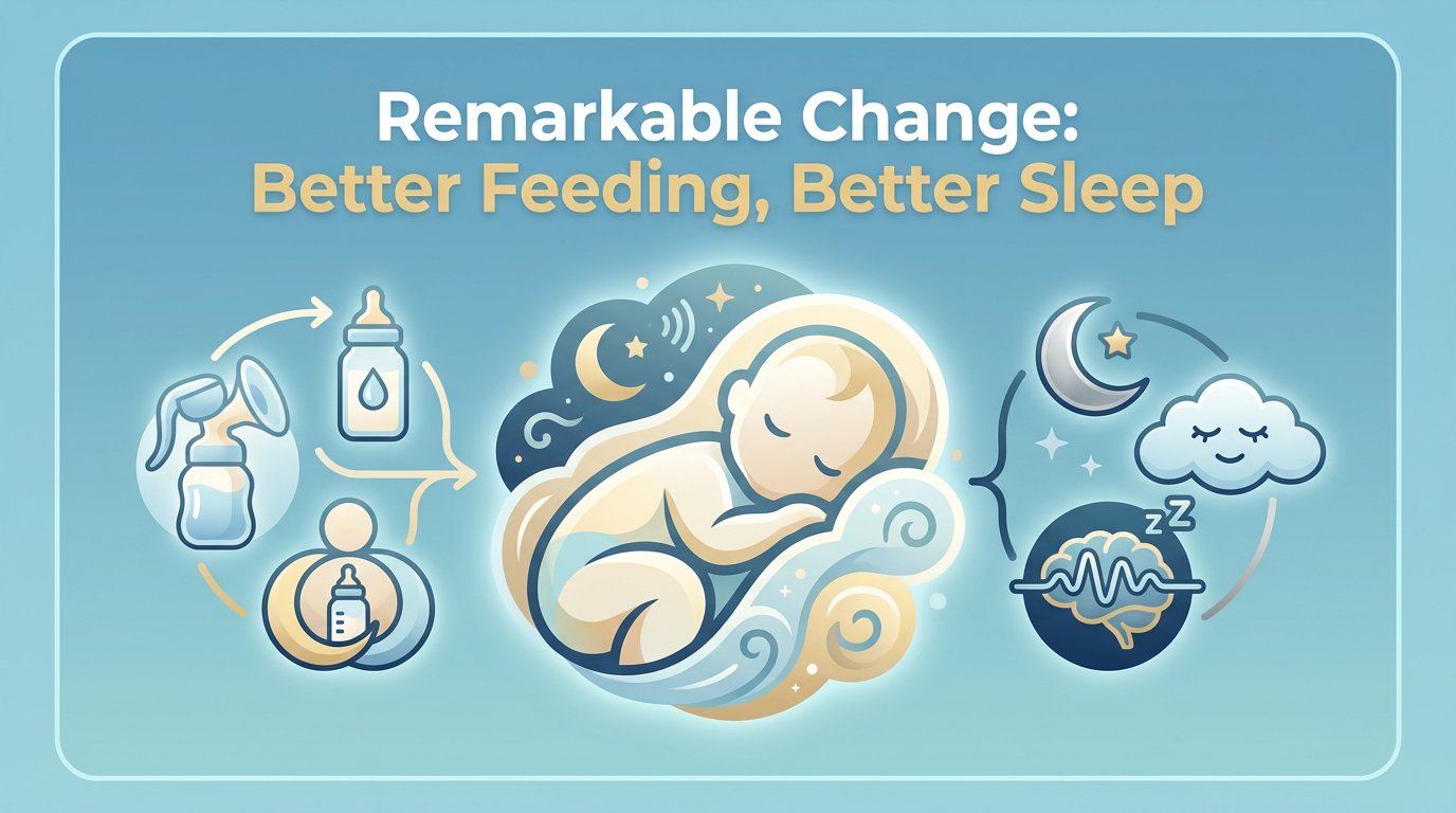 Graphic of a serene, sleeping baby with text "Remarkable Change: Better Feeding, Better Sleep.