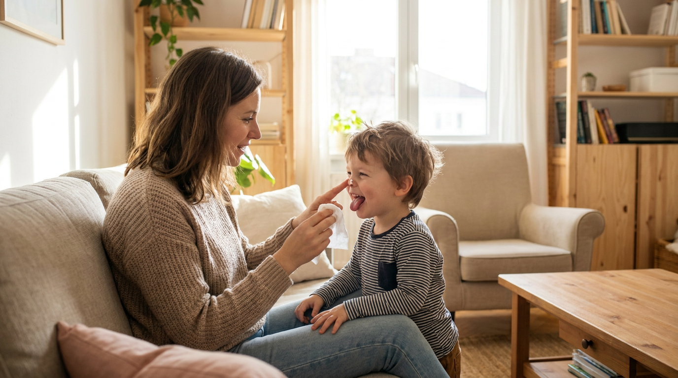 Allison assisting her young son with tongue exercises in a sunlit living room after a laser frenectomy.