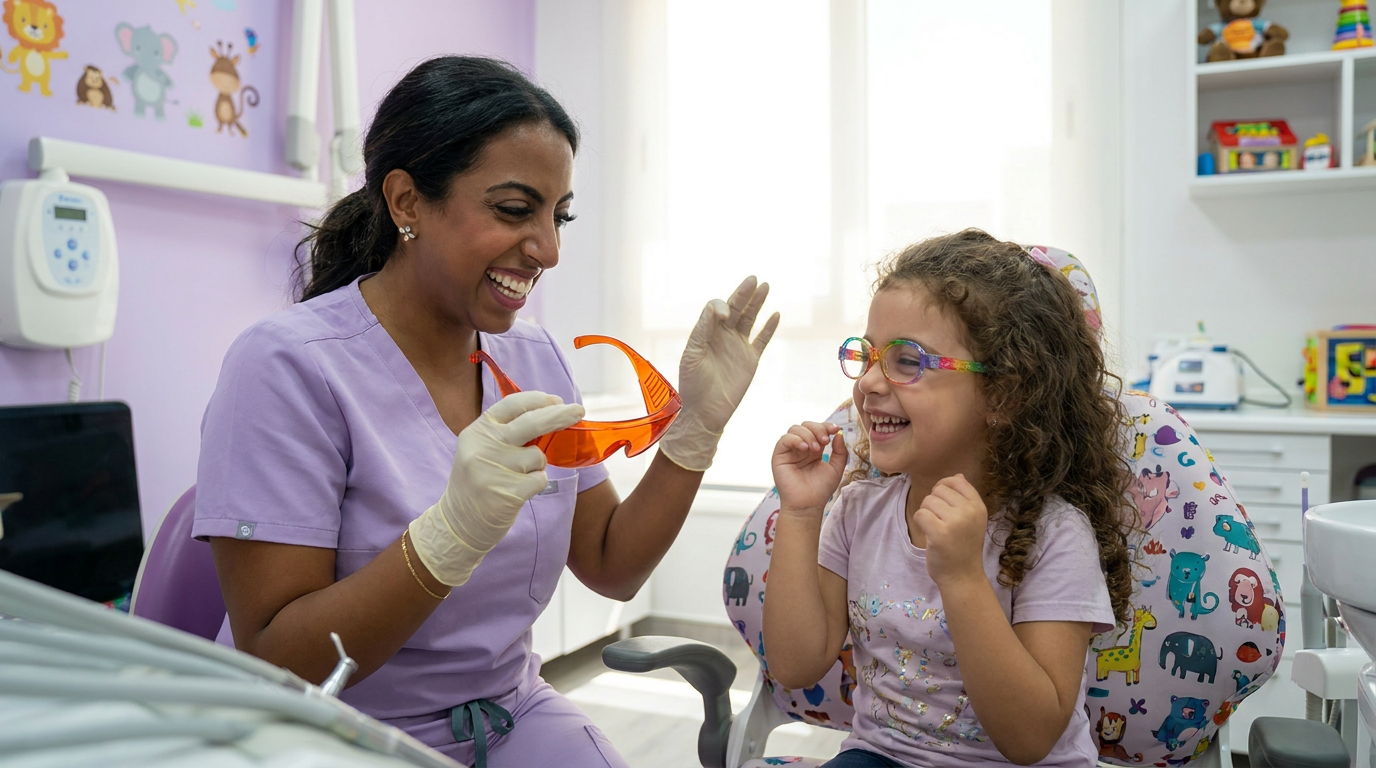 Dr. Sarah points to a young girl's colorful protective glasses in a bright, child-friendly dental operatory.