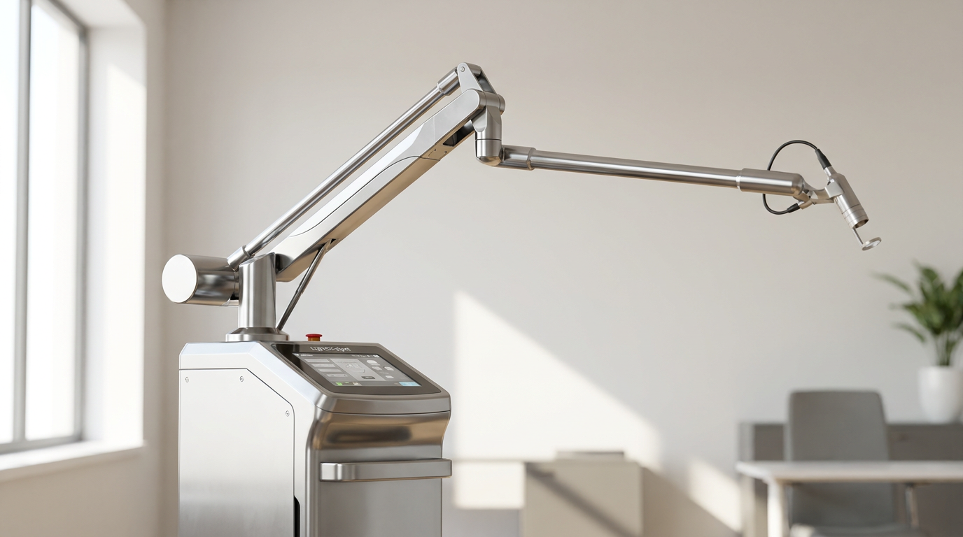 A LightScalpel CO2 laser unit with an articulated arm in a brightly lit, clean dental treatment room.