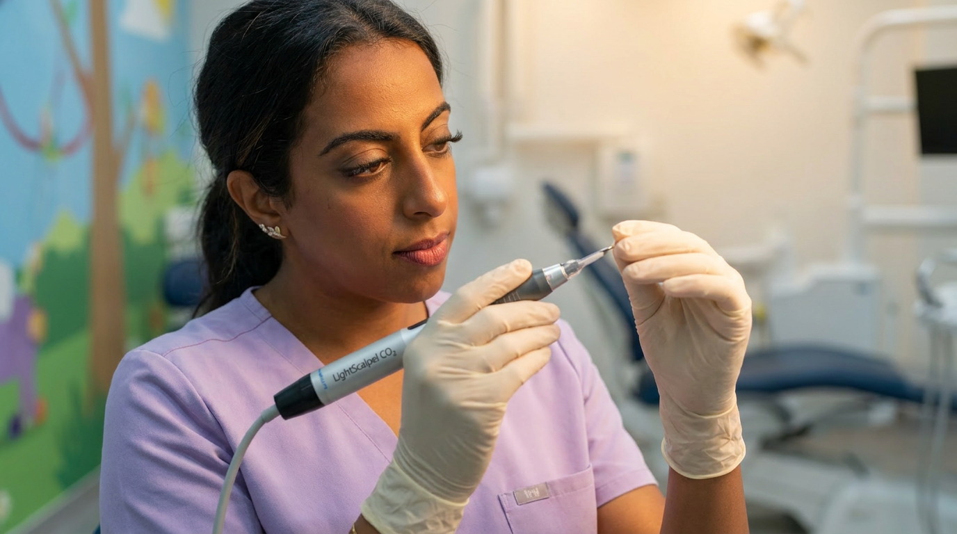 Dr. Sarah Arafat holding a LightScalpel CO2 laser handpiece in a modern pediatric dental office.