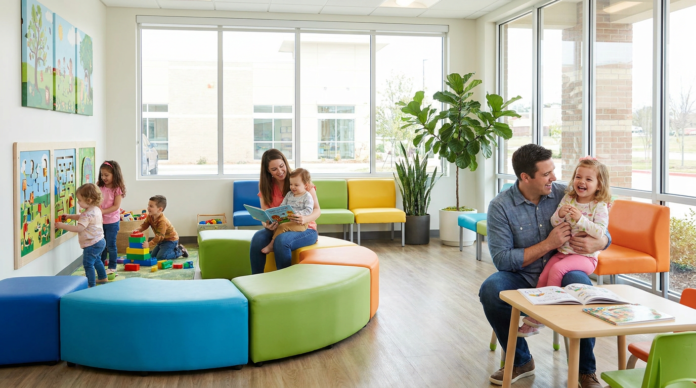 A vibrant, modern pediatric dental clinic waiting area with parents and children interacting, surrounded by toys.
