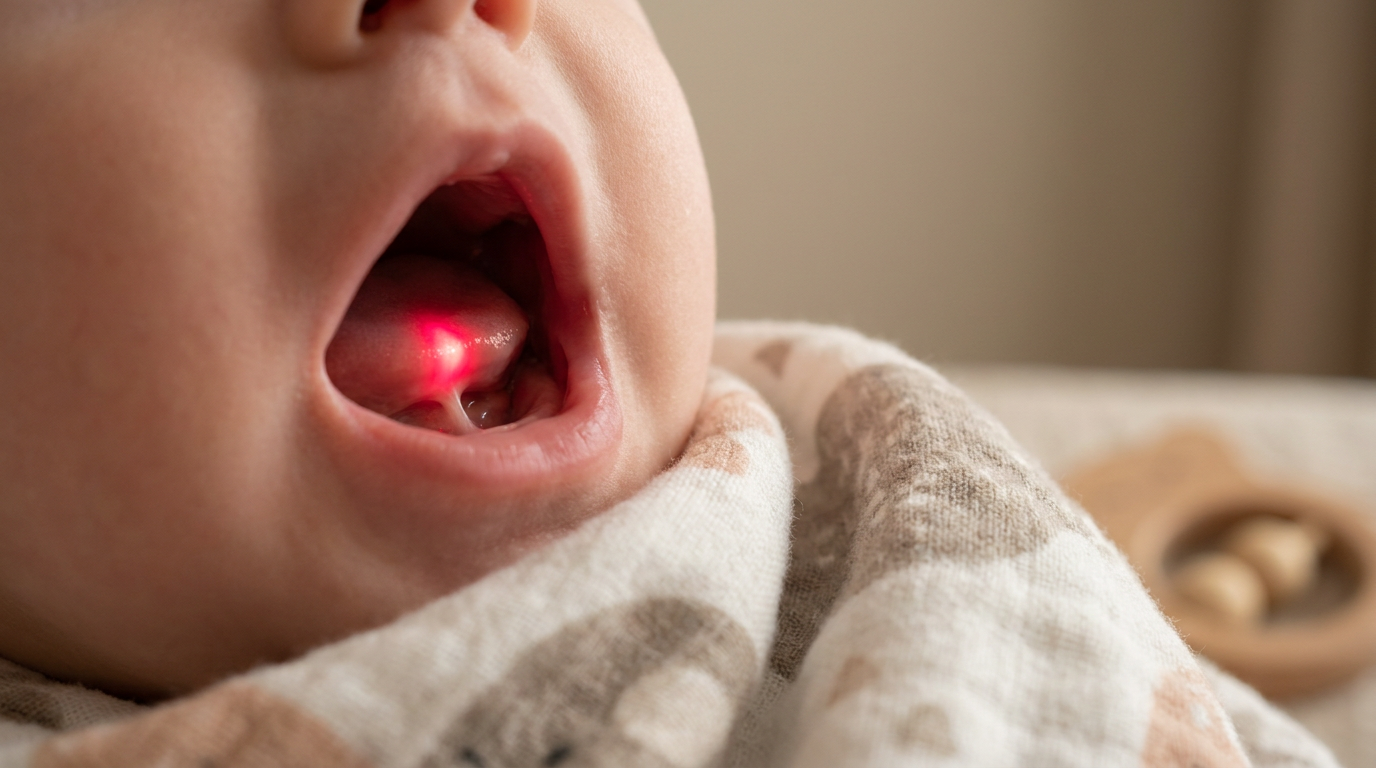 Close-up of a baby's open mouth, showing a targeted frenum under the tongue with a focused light.