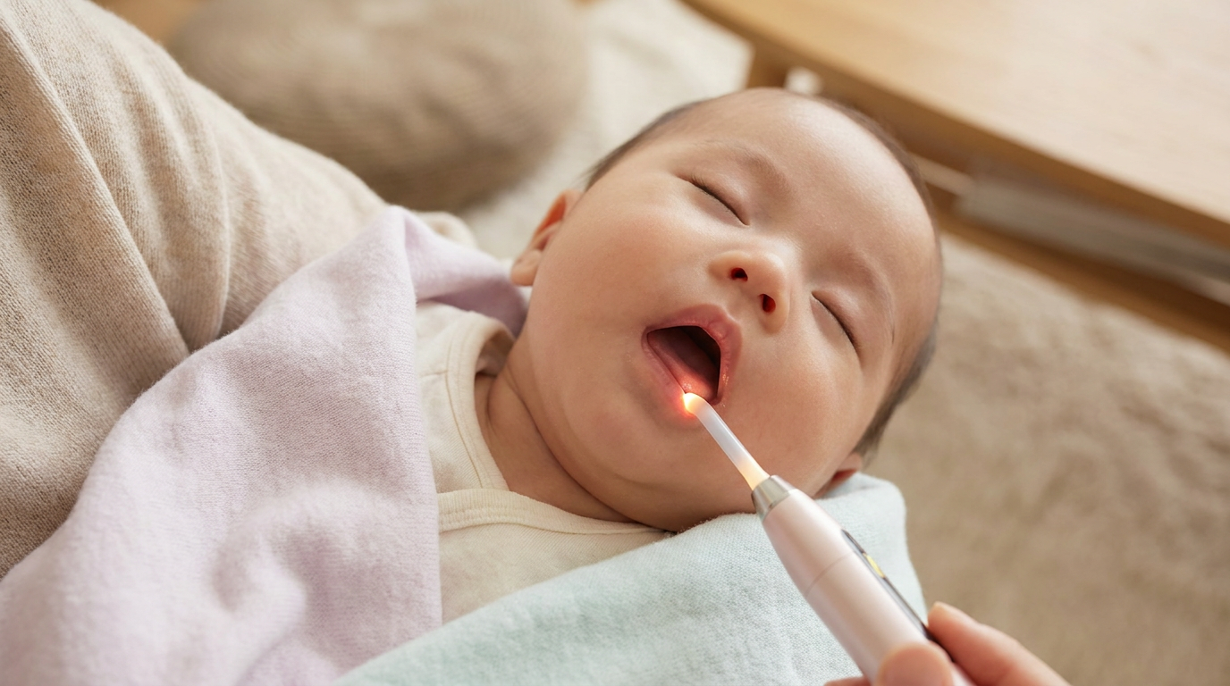 Close-up of a calm baby's mouth, with a soft tissue laser tip precisely near the lingual frenulum.