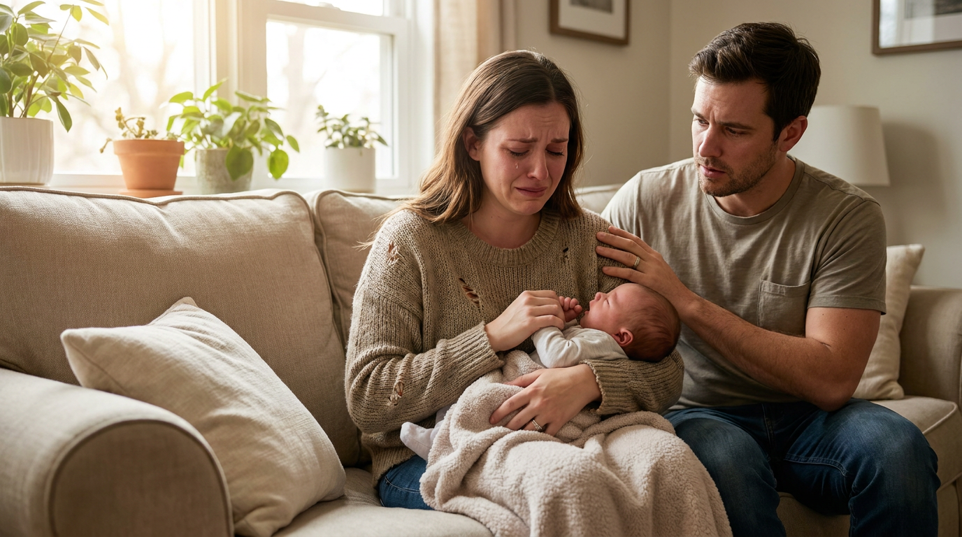 Ashley looks frustrated and tearful while breastfeeding her baby, who is struggling to latch, as Andrew comforts her.