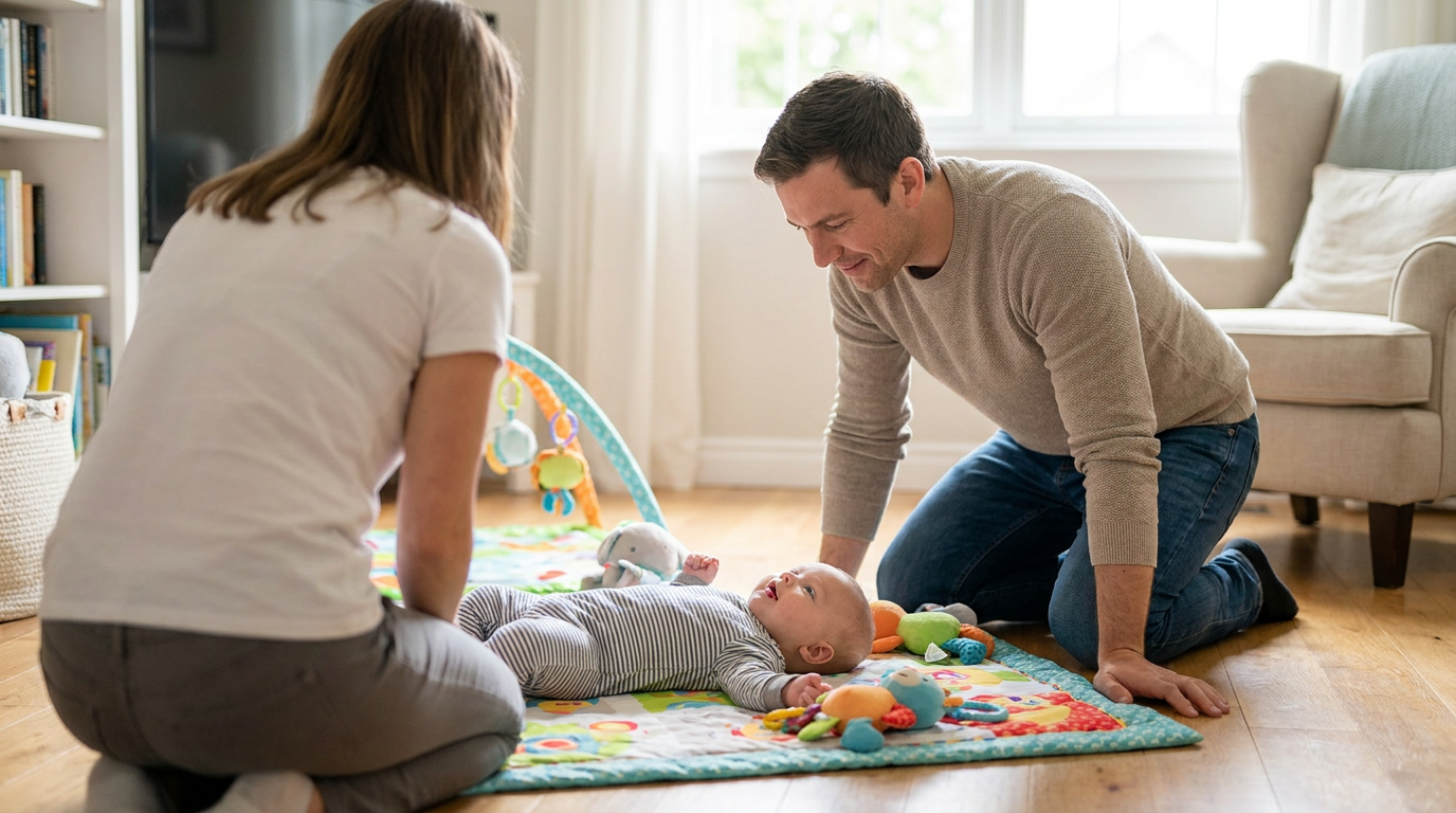 Andrew thoughtfully observes his baby making a clicking sound while lying on a playmat.