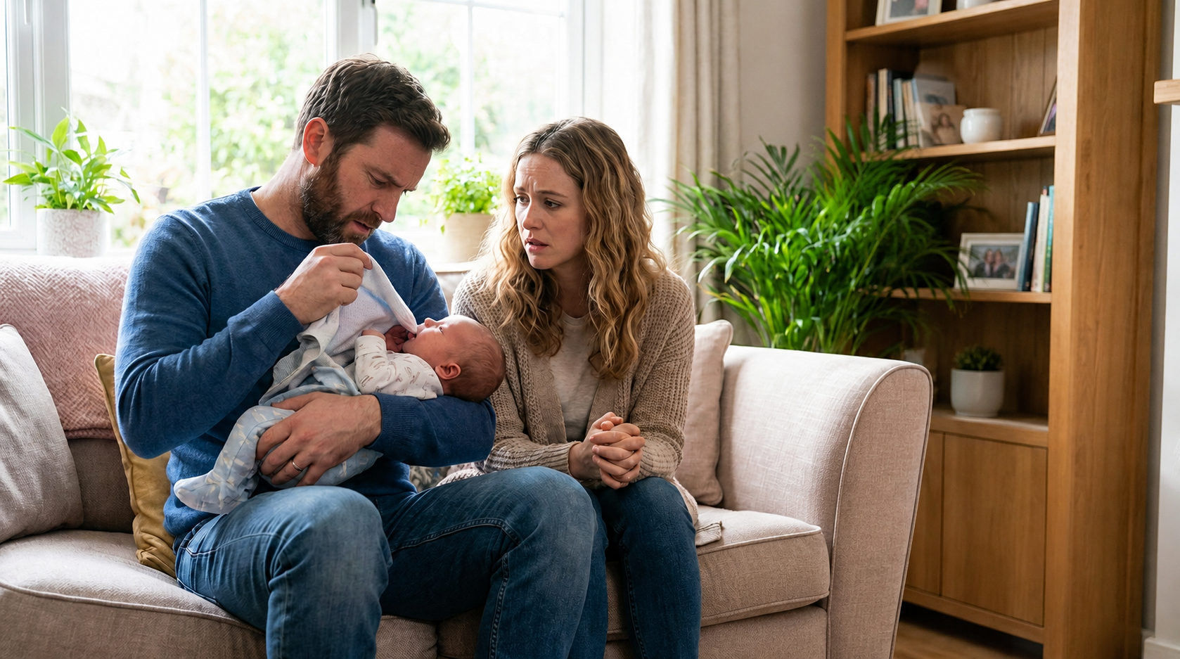 Andrew holds his newborn son Leo while his wife Ashley looks on with concern in their living room.