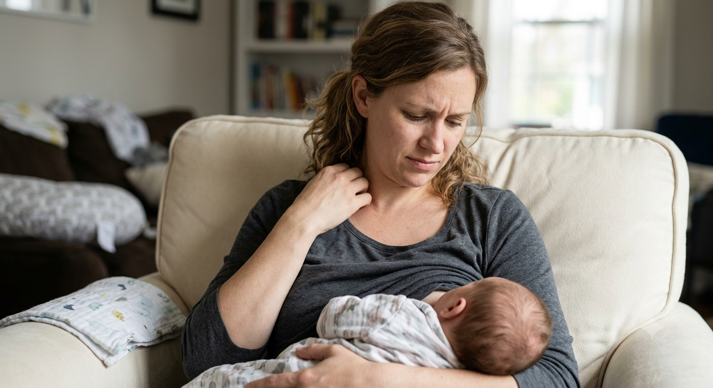 Woman experiencing discomfort during breastfeeding.