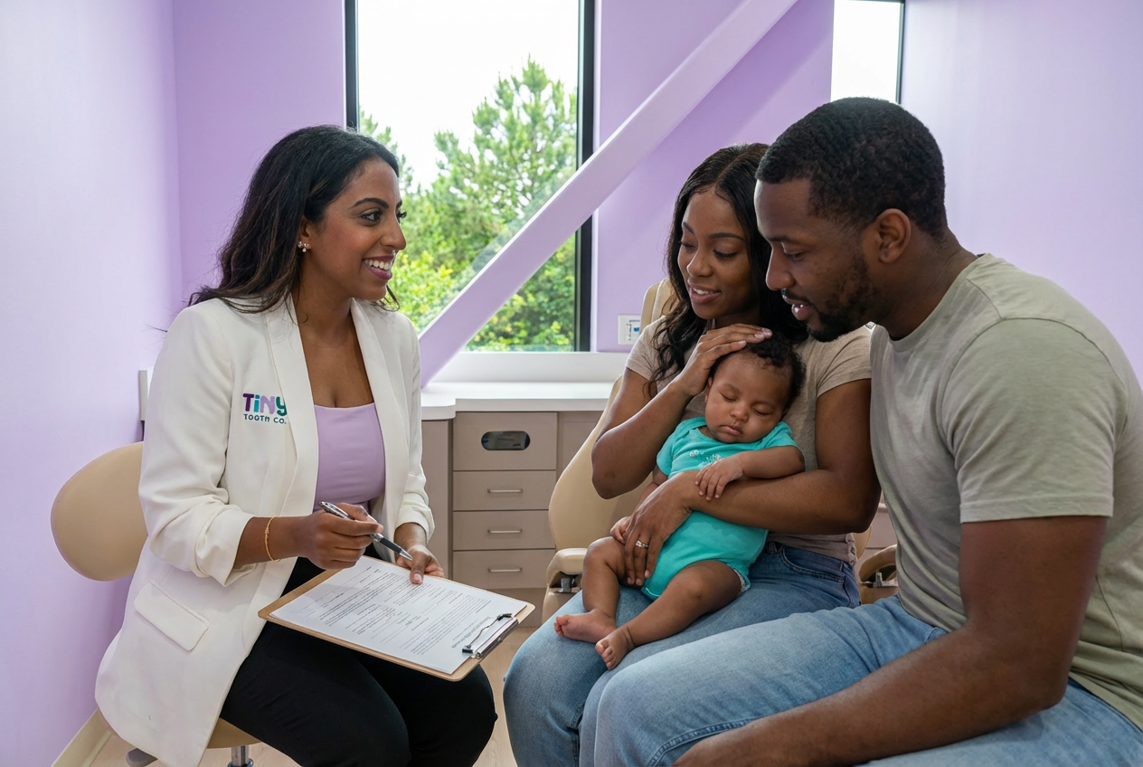 Andrew and Ashley listen to Dr. Sarah Arafat, who explains infant oral anatomy in a consultation room.