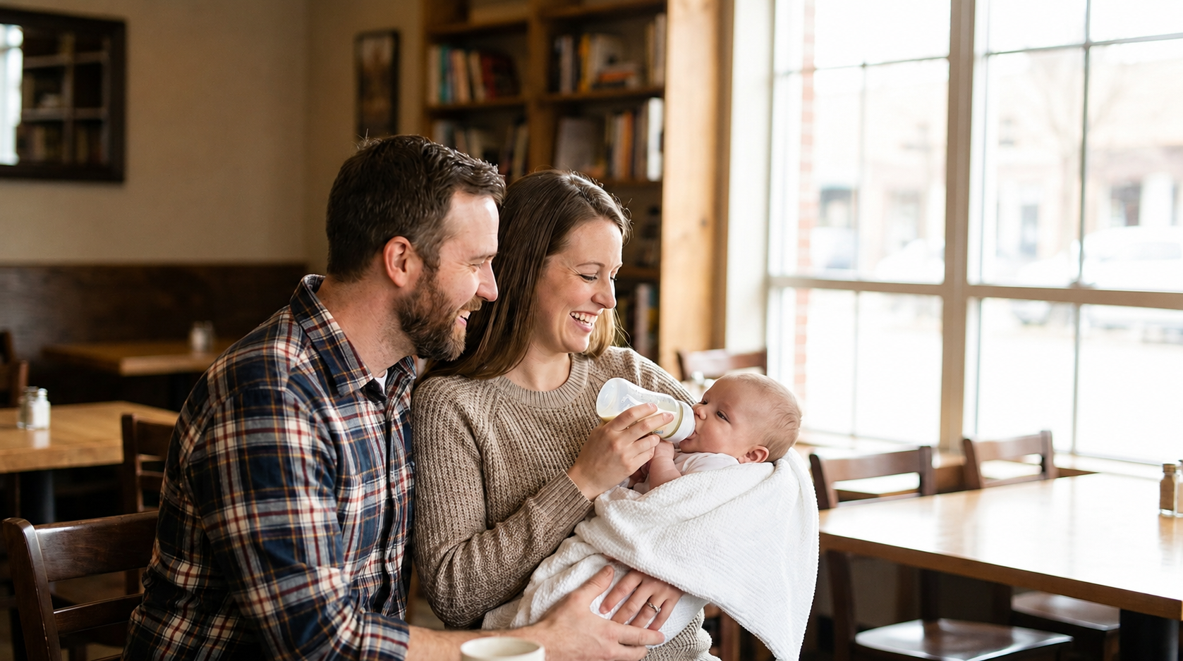 Andrew and Ashley watch with joy as their baby Leo feeds contentedly from a bottle, looking relieved.