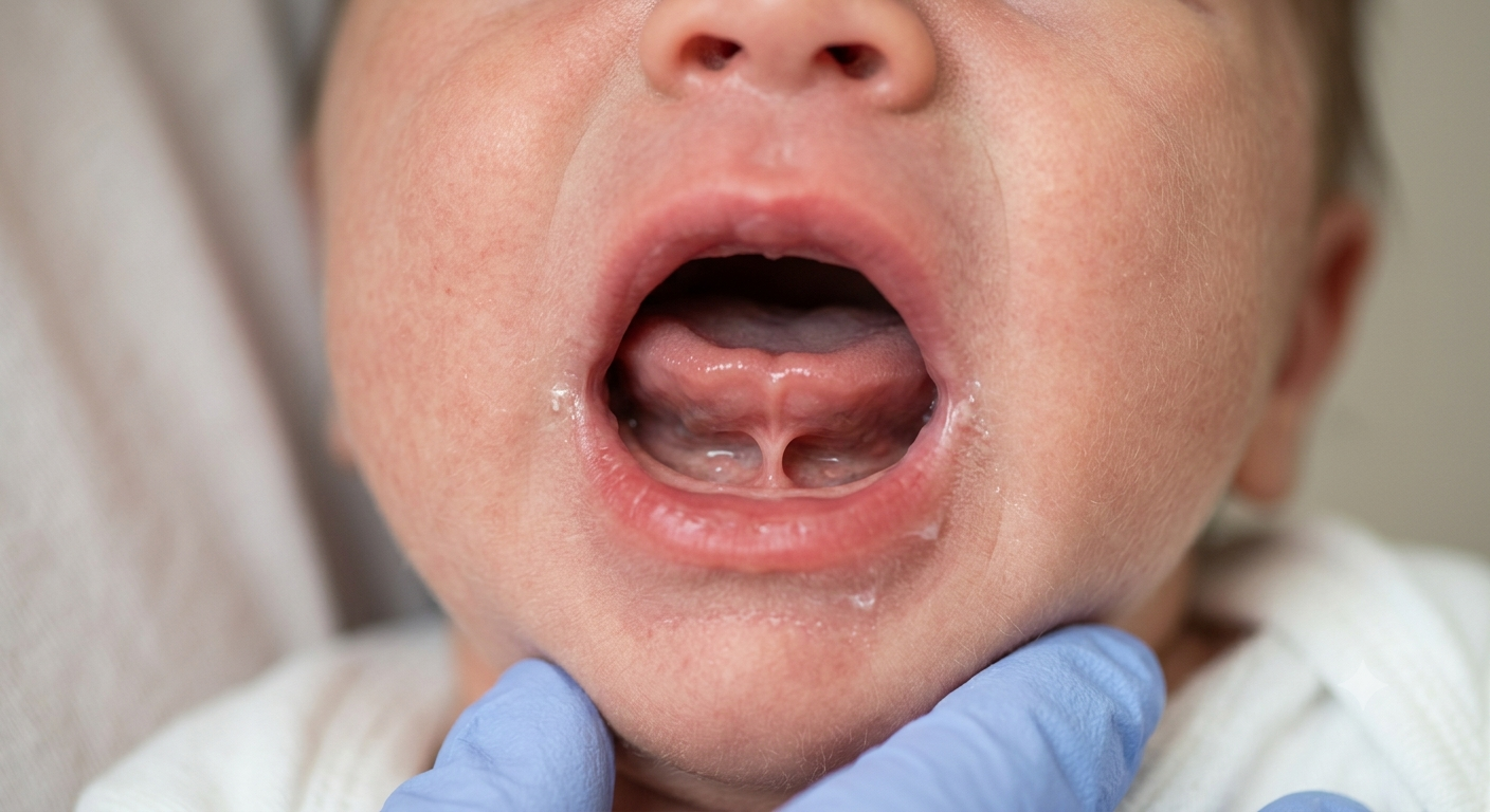 Close-up of a baby's mouth showing a taut lingual frenulum, making the tongue tip appear heart-shaped.