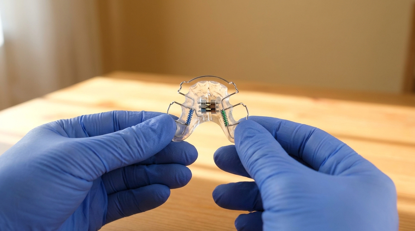 Two gloved hands hold a clear dental palate expander with metal wires and springs over a light brown wooden surface.