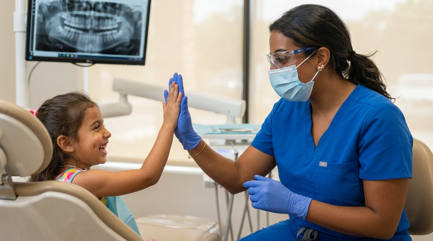 A dentist in a blue scrub top, blue gloves, face mask, and safety glasses gives a high-five to a smiling young girl in a dental chair, with a dental X-ray visible on a monitor in the background.