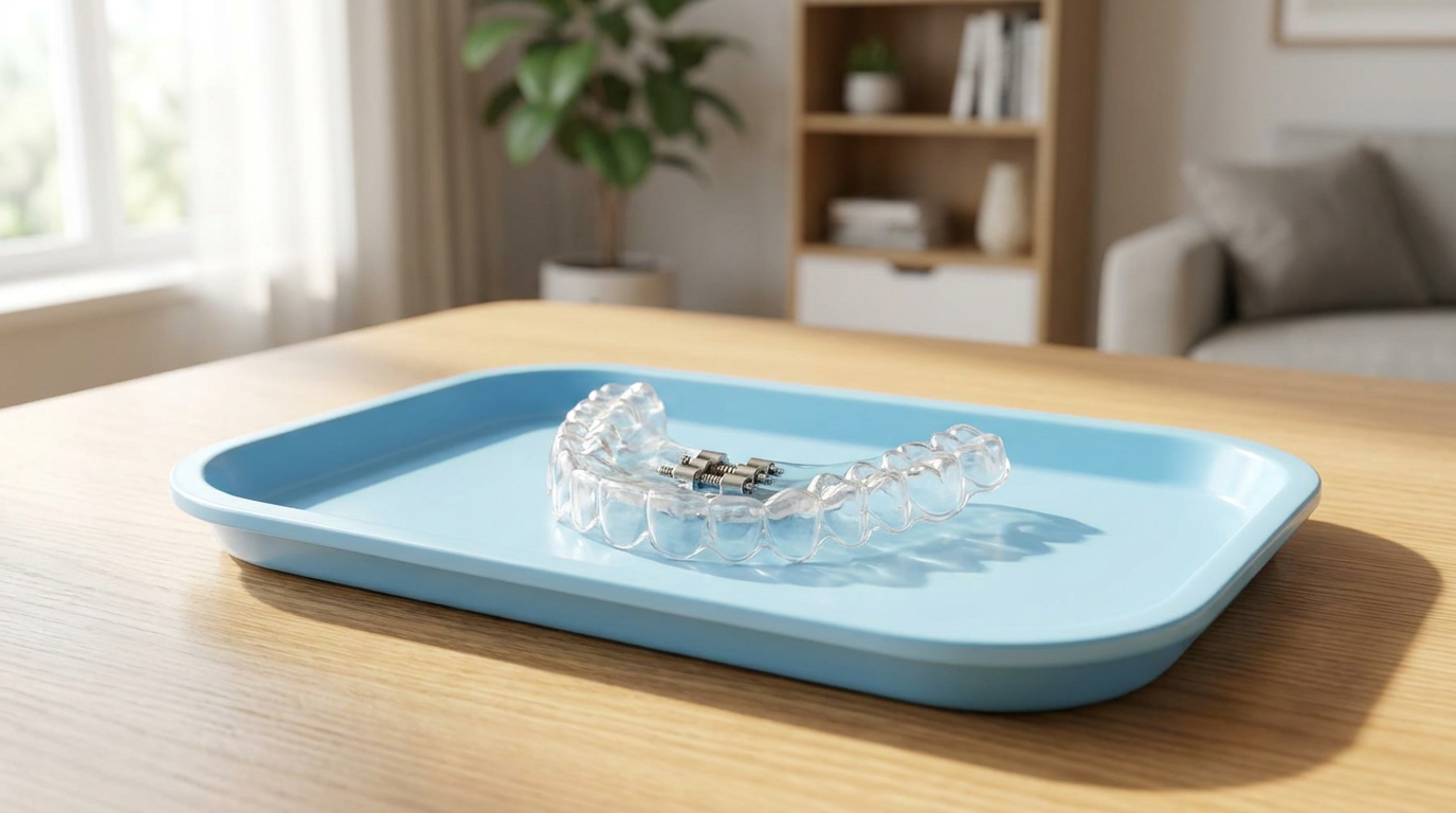 A clear palate expander with small metal screws rests on a light blue tray on a light wood table, with a window, plant, bookshelf, and couch in the background.