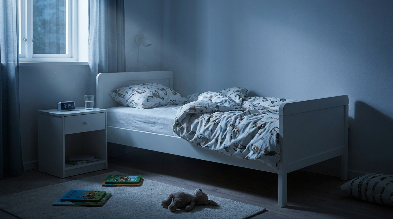 A child's bedroom at night shows a white bed with patterned bedding, a nightstand with an alarm clock and glass of water, and books and a stuffed animal on a rug.