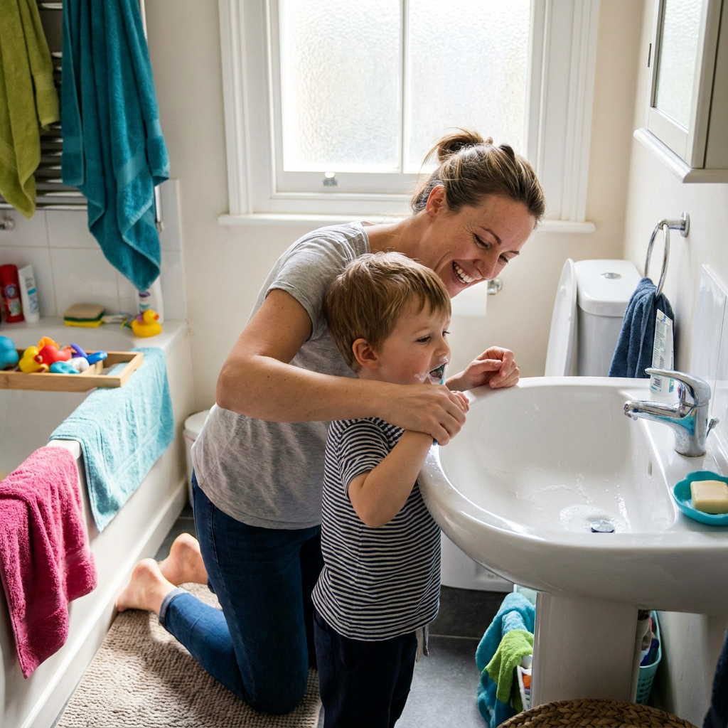 A woman kneels beside a young boy in a bathroom, helping him brush his teeth at a white pedestal sink.