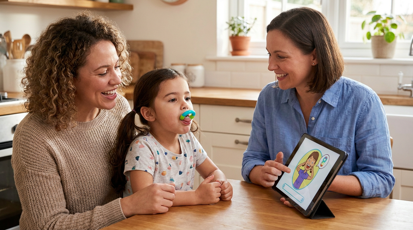 Two women and a young girl sit at a wooden table in a kitchen, with the girl holding a blue and green oral exercise device on her tongue while one woman points to a tablet displaying an animated girl.