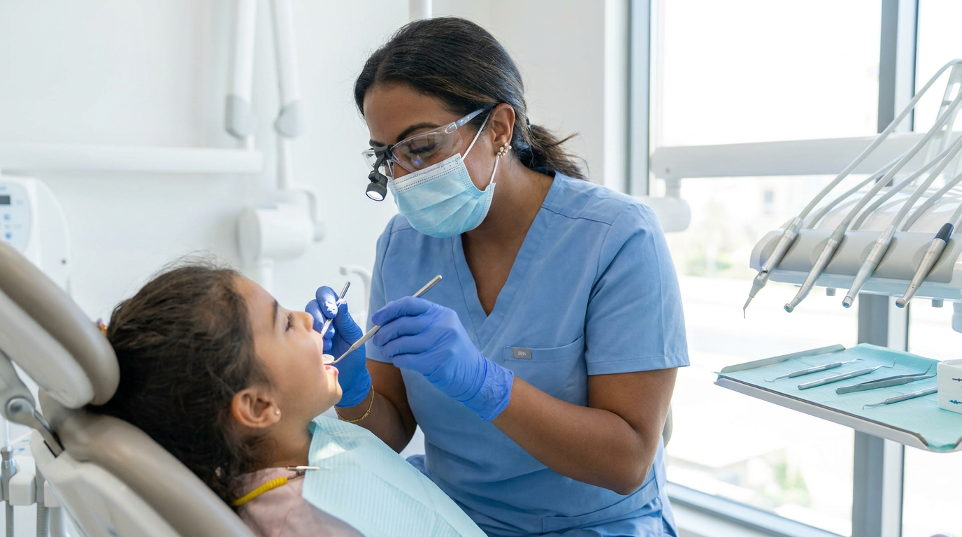 A dentist in blue scrubs, a face mask, safety glasses, and loupes examines a child's open mouth with a dental mirror and probe in a brightly lit operatory.