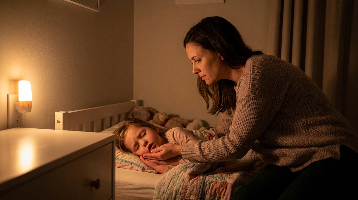 Grace gently cups her hand under her sleeping daughter Audrey's chin in a dimly lit bedroom with a night light on the wall.
