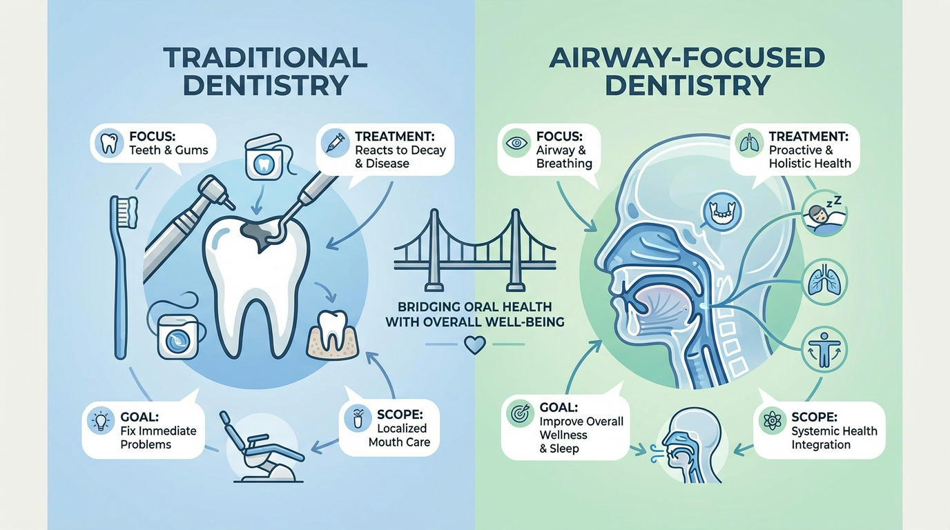 An infographic contrasts Traditional Dentistry, focusing on teeth and gums with tools like a toothbrush and drill, with Airway-Focused Dentistry, showing a human head profile highlighting airway anatomy and icons for sleep, lungs, and