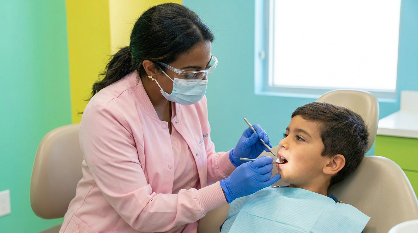 Dr. Sarah Arafat, wearing a pink jacket, mask, safety glasses, and blue gloves, examines a young boy's mouth with dental tools while he sits in a dental chair in a brightly colored room.