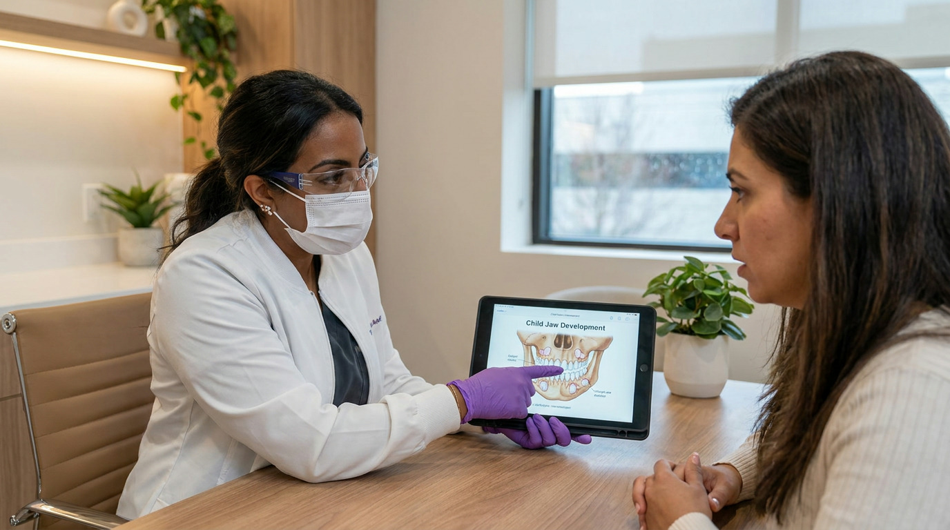 A dental professional in a white lab coat, safety glasses, mask, and purple gloves points to a "Child Jaw Development" diagram on a tablet for a patient with dark hair, seated across a wooden table in a modern office with a window.