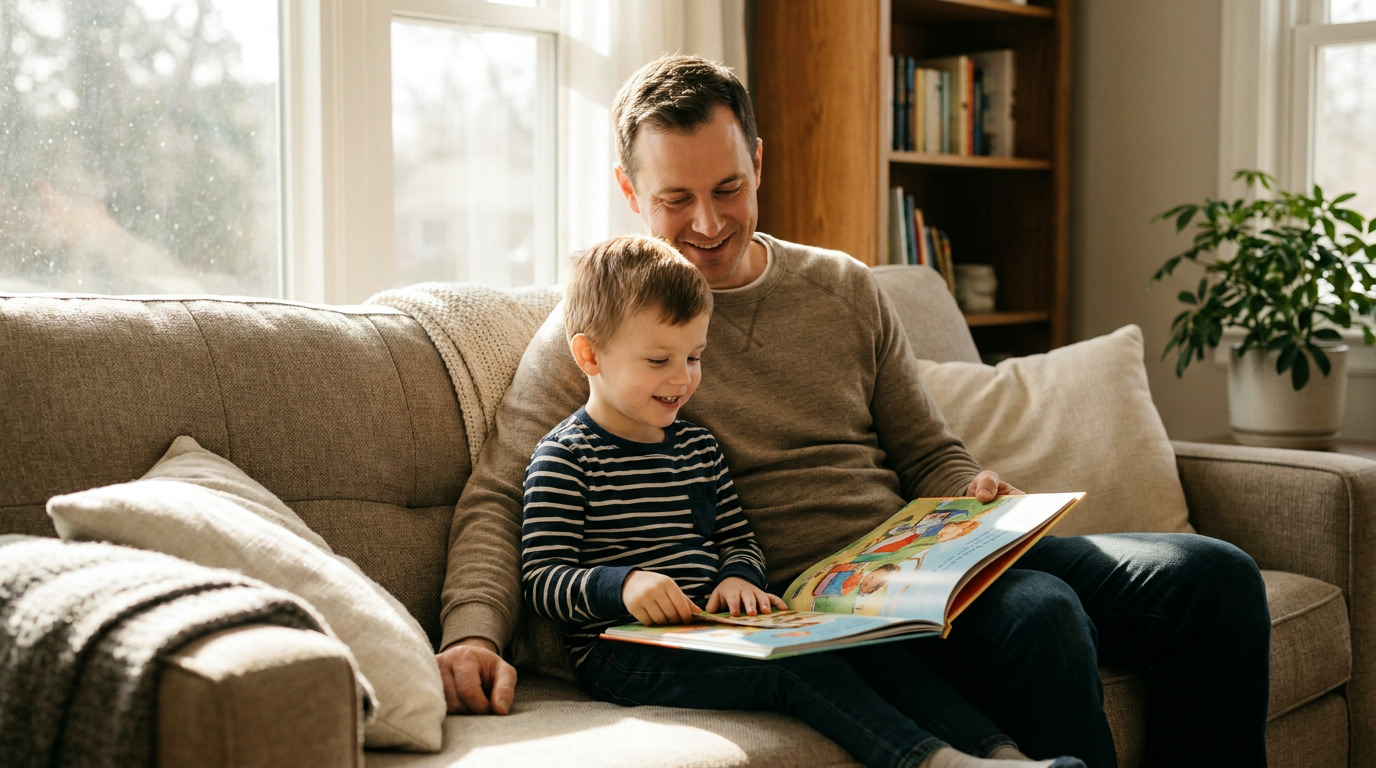 Tyler and Carter sit on a couch in a sunlit room, smiling as they look at an open children's book.