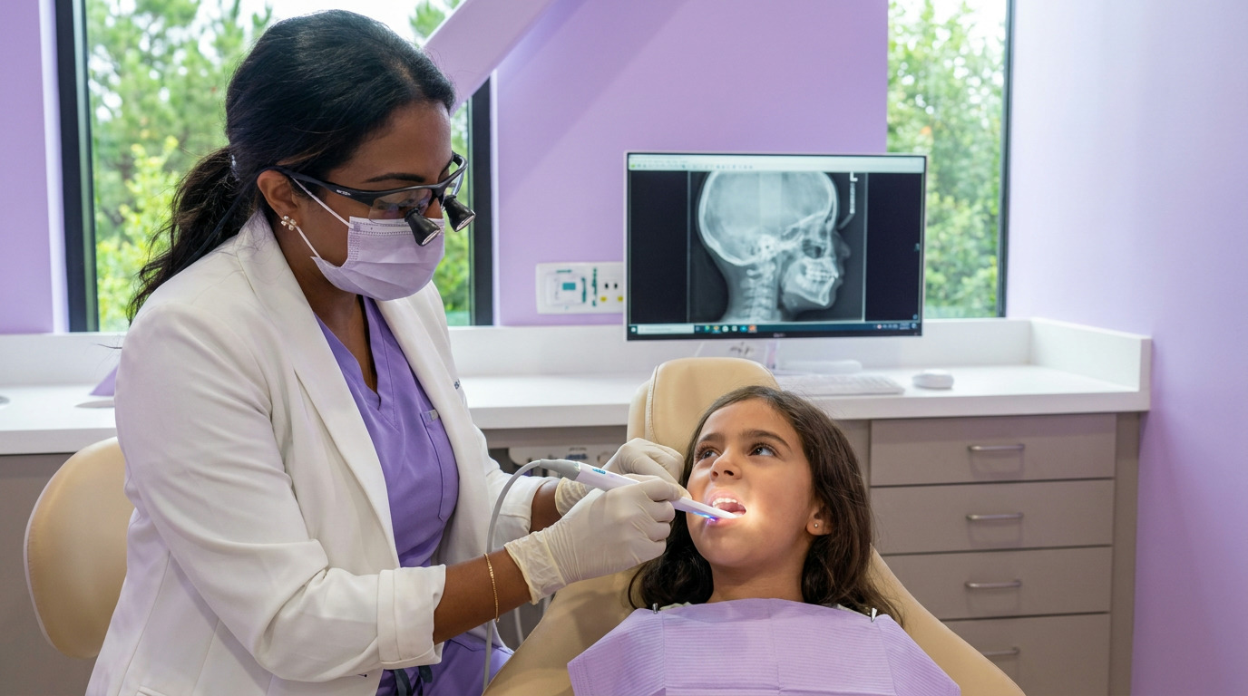 Dr. Sarah Arafat, wearing a white lab coat, purple scrubs, mask, and loupes, uses an illuminated intraoral camera to examine a young girl's mouth in a dental chair, with a skull X-ray visible on a monitor in the background.