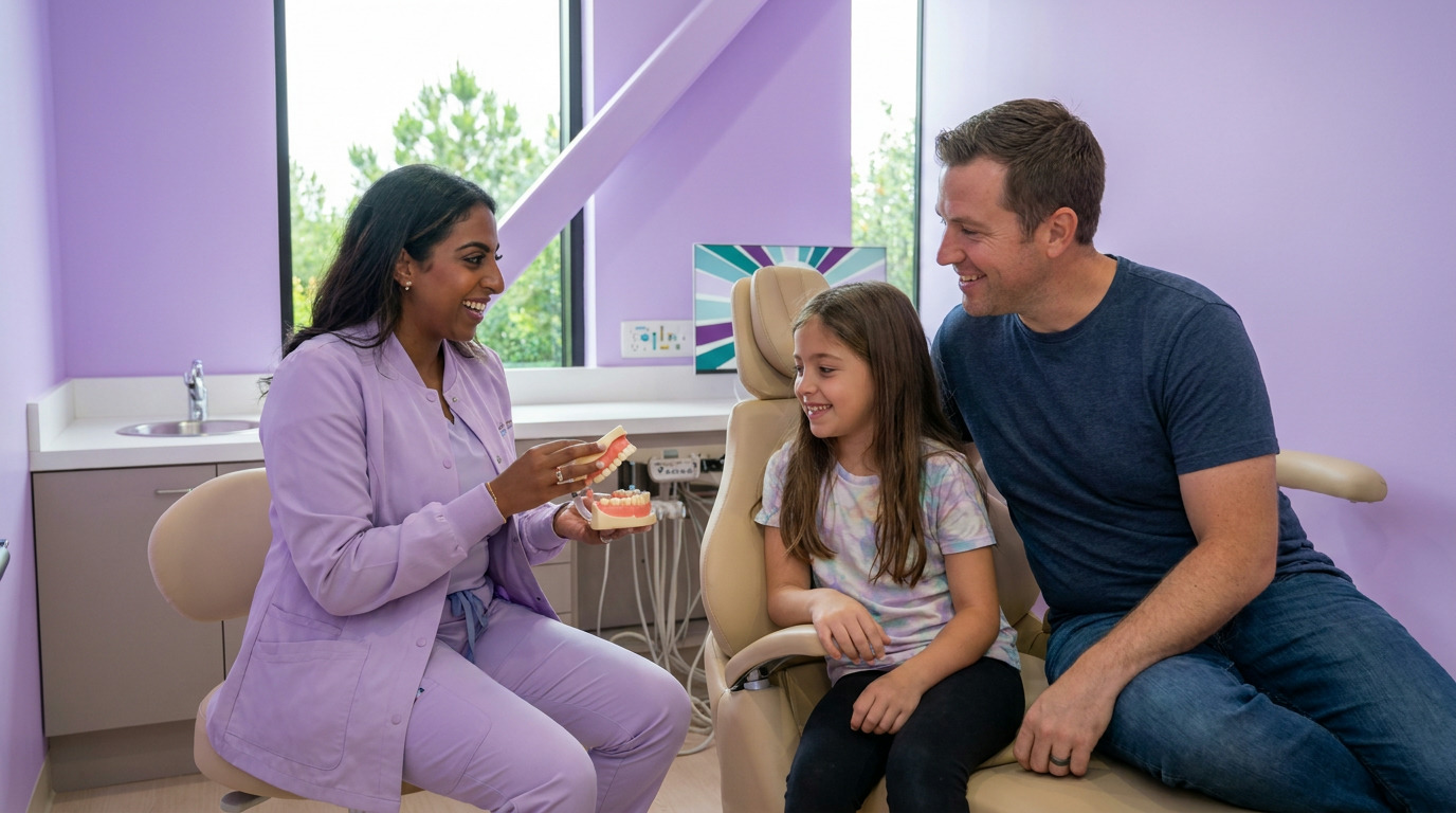 Dr. Arafat, in purple scrubs, sits holding a dental jaw model, smiling at a young girl and a man seated in a dental chair in a bright, modern dental office with lavender walls.