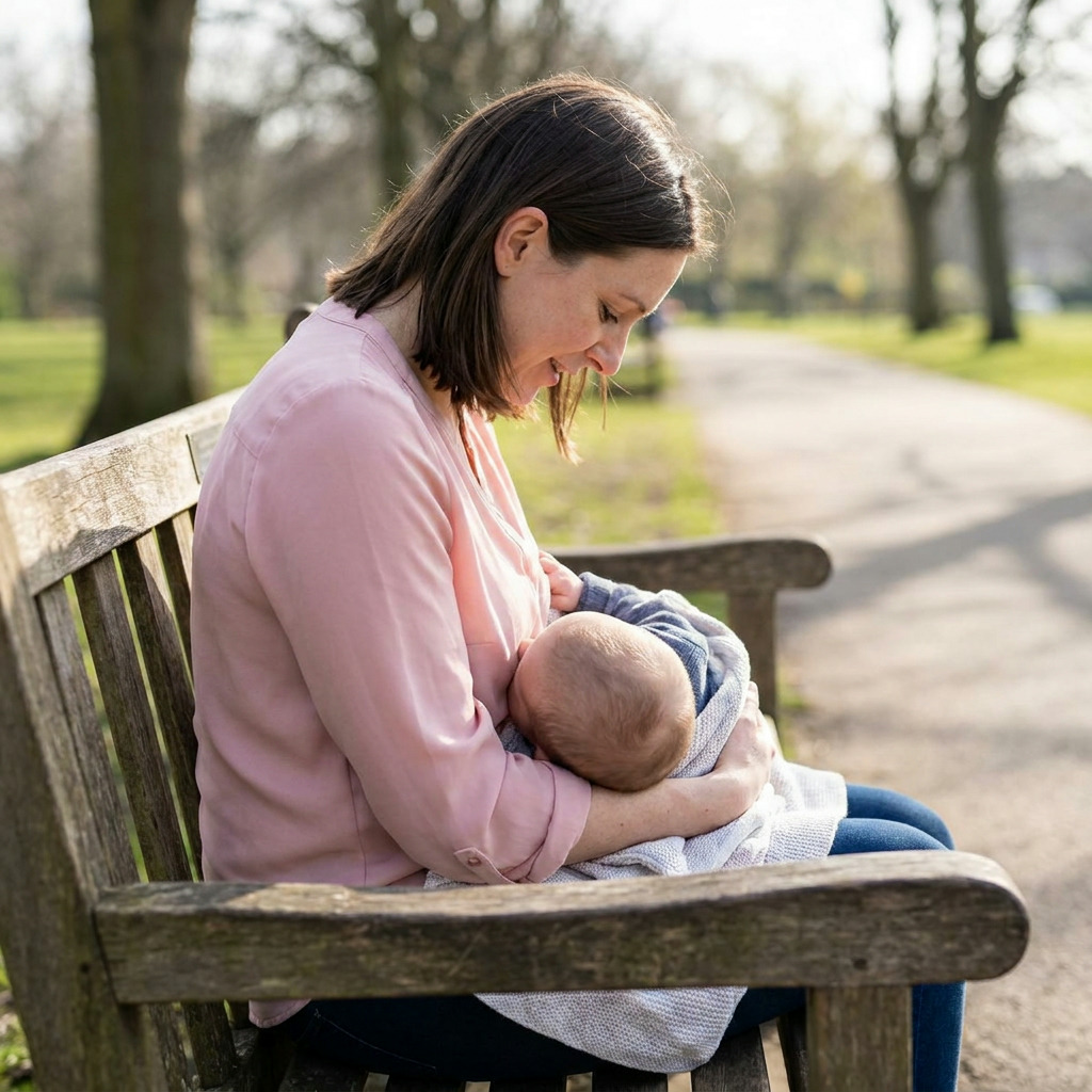 Erin sits on a park bench, looking down at Owen, who is swaddled in a gray blanket and breastfeeding.