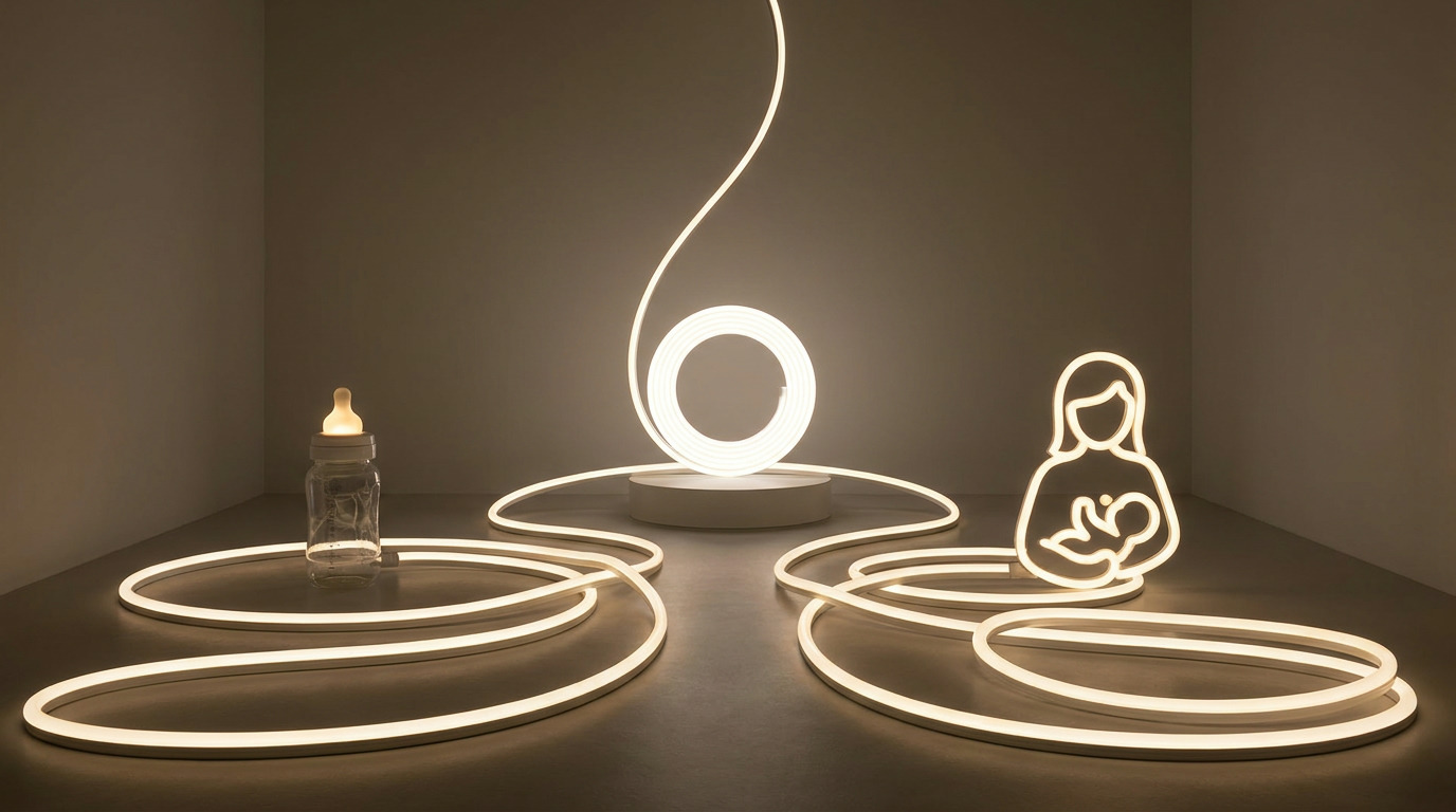 A glowing neon light forms a path on a dark floor, connecting a baby bottle with a glowing nipple, a central coiled light, and a neon outline of a person holding a baby.