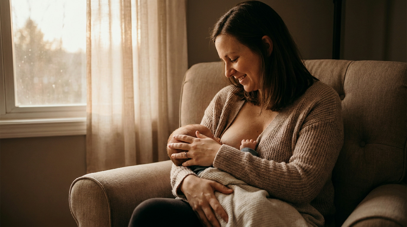 Erin smiles while holding and breastfeeding an infant wrapped in a blanket, sitting in a chair by a window with sheer curtains.
