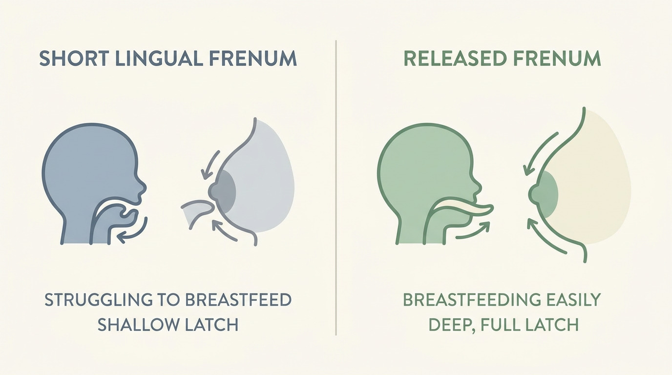 An illustration shows two infant profiles and breasts: left, a blue infant with short frenum and shallow latch; right, a green infant with released frenum and deep latch.