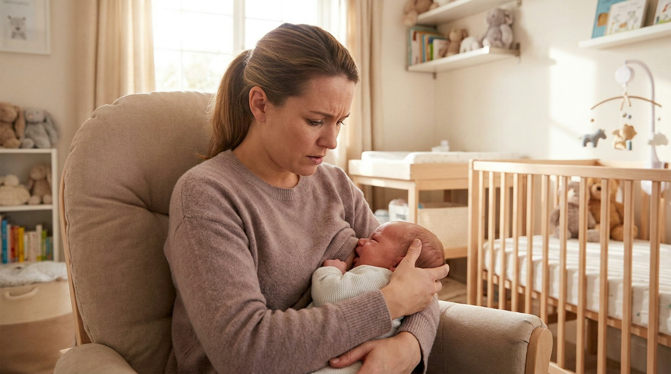A woman with a concerned expression sits in a rocking chair, holding and looking down at a newborn baby who is latched to her breast in a sunny nursery.