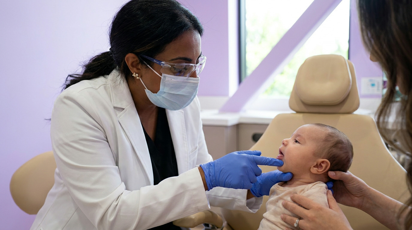 Dr. Sarah, wearing a mask, safety glasses, and blue gloves, gently examines an infant's mouth with her finger as a parent holds the baby in a modern dental office.