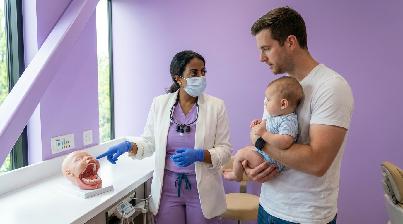 Dr. Sarah Arafat, wearing a mask and purple scrubs, points to a baby's mouth model on a white counter while Samuel holds baby Owen in a lavender-colored room.