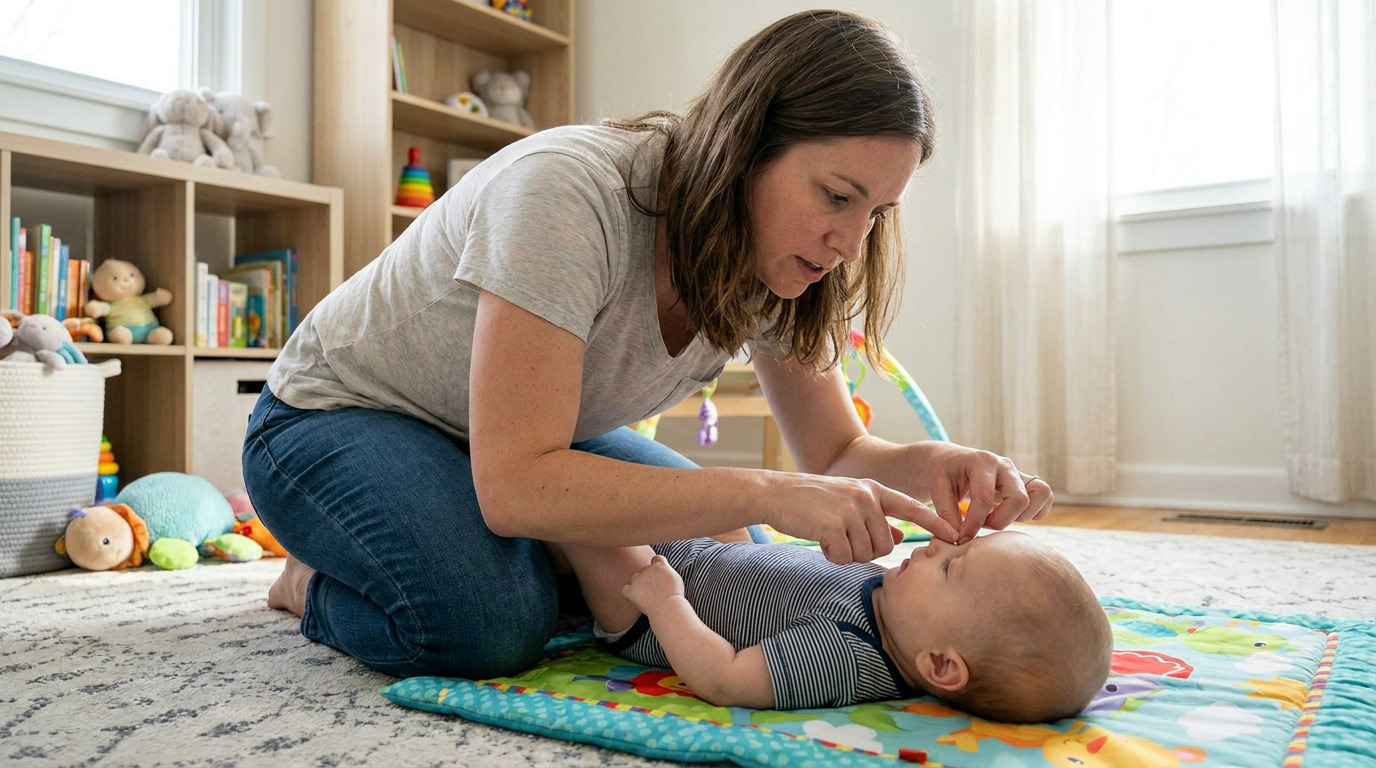 Erin kneels on a rug, gently touching a baby's nose as he lies on a colorful play mat in a brightly lit room with bookshelves and toys.