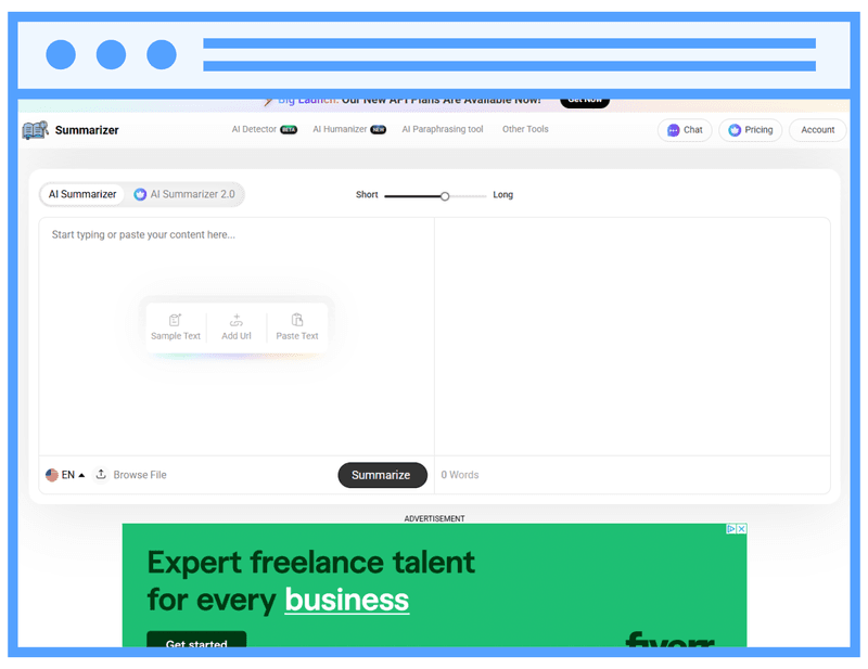 AI Summarizer homepage interface showing tools for generating short or long summaries from pasted or uploaded text content