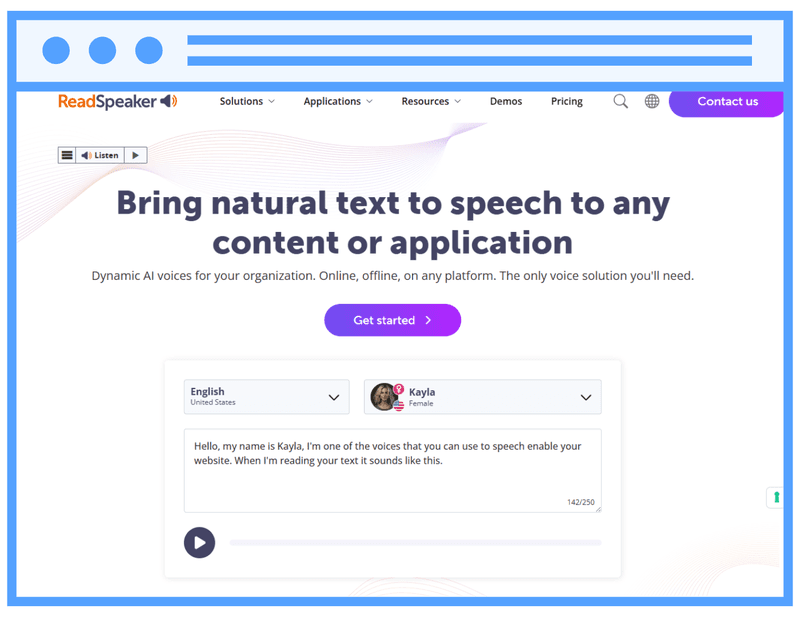 ReadSpeaker homepage displaying its AI-powered text-to-speech solution with natural voice options for websites and applications